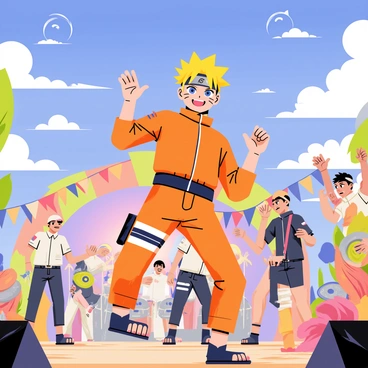 Naruto is in a vibrant outdoor concert setting, surrounded by a crowd of excited fans. He has spiky blond hair and is wearing his signature orange jumpsuit. A large stage is visible in the background, with colorful lights shining down and a band performing energetically. Naruto is caught mid-dance, with one arm raised and a wide smile on his face. Colorful banners and streamers flutter in the breeze, while a few fans in the background are also dancing and enjoying the music. The sky above is a brilliant blue, with a few fluffy white clouds scattered across it.