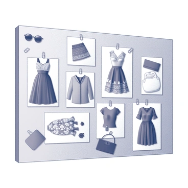 A wall adorned with various images and fabric swatches showcasing "girly outfit inspirations." The mood board includes a mix of pictures featuring stylish dresses, skirts, blouses, and accessories. Each outfit displays different patterns and textures, such as floral prints and lace details. Pins and clips are used to hold these visuals neatly against the wall. The overall arrangement conveys a sense of fashion creativity and feminine style.