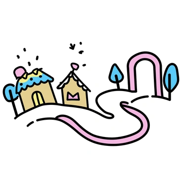 A winding road made entirely of "candy canes" curves through a "gingerbread town." The houses in the town are constructed from "gingerbread" and decorated with colorful "frosting" and "candy." The roofs of the houses are topped with "gumdrops" and "sprinkles." Along the road, there are "lollipop" street signs and "marshmallow" trees lining the path. In the distance, a "candy cane" archway marks the entrance to the town. The sky above is clear, allowing sunlight to illuminate the sweet scene.