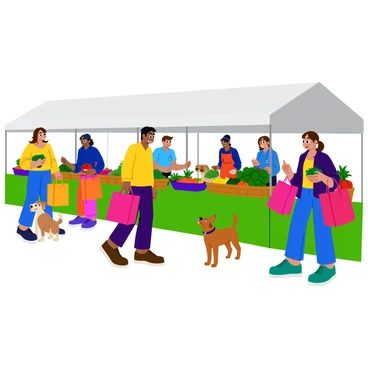 A lively farmer's market scene with various people interacting. Shoppers are using colorful cloth bags filled with fresh produce, including vibrant red tomatoes, leafy greens, and orange carrots. Stalls are lined with baskets of assorted fruits and vegetables, showcasing bright colors and textures. Some individuals are engaged in conversation with vendors, while others browse through the goods, all under a sunny sky. The atmosphere is bustling with activity, as children play nearby and a dog waits patiently by its owner's side.