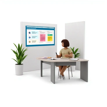 A customer with light skin and short brown hair is seated at a sleek, modern desk in a well-lit decision room. The room features a large, interactive screen displaying various SudLife premium plans, with colorful graphics and detailed information. On the desk, there are brochures and pamphlets about the different plans, neatly arranged. The customer is intently examining the options, holding a pen and a notepad, taking notes. The walls are painted a calming light color, and there is a potted plant in the corner, adding a touch of greenery to the environment.