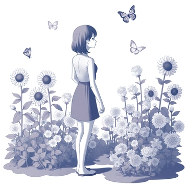 Ichinose stands gracefully in a lush garden, surrounded by a variety of blooming flowers. The garden is filled with tall sunflowers, delicate daisies, and clusters of roses, each flower exhibiting distinct shapes and sizes. Butterflies of different species flutter around, displaying their intricate patterns and wing shapes. Ichinose gazes intently at the butterflies, her expression one of fascination. The sunlight filters through the leaves of nearby trees, creating gentle shadow patterns on the ground. The scene is lively, with the gentle movement of the butterflies contrasting against the stillness of the flowers.