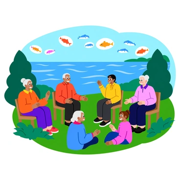 A group of elders sitting in a circle, sharing stories with children gathered around them. The elders have warm smiles, their faces lined with age and wisdom. The children, filled with wonder, listen intently with wide eyes. In the background, there is a large, shimmering body of water that reflects the sunlight. The elders gesture animatedly as they recount tales of "abundant fish" that once filled the waters, using their hands to mimic the movement of the swimming fish. Colorful fish illustrations appear above the water's surface, showcasing various species and their vibrant colors. The setting is lush and green with trees surrounding the scene, creating a lively atmosphere.