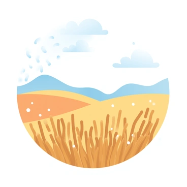 A field filled with tall, golden grass swaying gently in the breeze. Light chaff is lifted from the ground and scattered into the air by a soft wind. The chaff catches the light, creating shimmering specks as it dances across the open space. In the background, there are rolling hills that blend seamlessly into the clear blue sky, with a few fluffy white clouds drifting lazily. The overall scene conveys a sense of tranquility and movement, emphasizing the interaction between nature and the gentle wind.