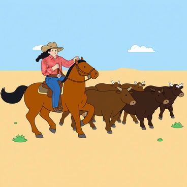 A cowgirl with sun-kissed skin and long dark braids is riding a spirited brown horse. She is wearing a wide-brimmed hat, a red checkered shirt, and denim jeans, with a leather belt featuring a shiny silver buckle. The cowgirl holds the reins firmly while directing a herd of ten cattle, which consist of brown and black cows, across a wide-open plain dotted with patches of green grass. In the background, a clear blue sky stretches out, with a few fluffy white clouds lazily drifting by. The plain appears expansive, emphasizing the movement of the cattle and the determination of the cowgirl.