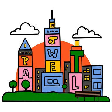 A city skyline at sunset featuring tall skyscrapers made from stacked letters of various sizes and styles. The letters are brightly colored, creating a vibrant effect against the orange and purple hues of the sky. In the foreground, there is a silhouette of a park with small trees and benches, adding depth to the scene. The background shows a few fluffy clouds illuminated by the setting sun, enhancing the whimsical aspect of the letter-shaped buildings.