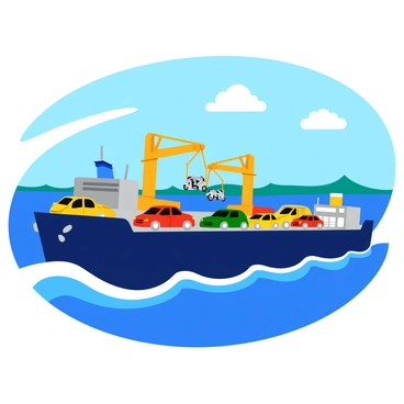 A large cargo ship with a dark blue hull is loaded with various vehicles including cars, trucks, and motorcycles. The ship is depicted in the middle of the ocean, cutting through the waves with white foam splashing against its sides. Several vehicles are visible on the deck, showcasing bright colors like red, yellow, and green. Cranes on the ship are actively lifting additional vehicles from a nearby dock, adding a sense of movement to the scene. The sky above is clear, with a few fluffy white clouds scattered across it. In the background, distant land can be seen on the horizon.