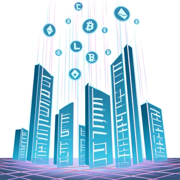 A 3D scene depicting various cryptocurrencies raining down from a digital sky. The sky is filled with bright, glowing symbols representing popular cryptocurrencies like Bitcoin, Ethereum, and Litecoin. Each symbol has a reflective surface, catching the light as they fall. Below the shower of coins, there is a futuristic cityscape with sleek, towering buildings made of glass and metal. The buildings are illuminated with vibrant neon lights that mirror the colors of the falling cryptocurrencies. The ground is a digital grid, pulsing with energy, enhancing the overall high-tech atmosphere of the scene.