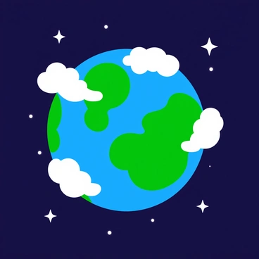 The Earth is shown spinning slowly in the vastness of space. The planet's surface is vividly colored, showcasing green continents and deep blue oceans. Fluffy white clouds are drifting over the continents, gradually moving in soft, wispy patterns. Stars twinkle in the dark background of space, creating a sense of depth and distance. The overall scene captures the dynamic motion of Earth's rotation against the backdrop of the cosmos.