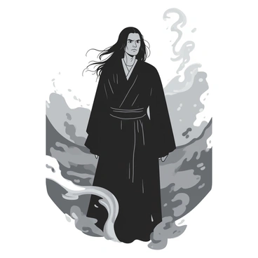 A pale figure of a man dressed in dark robes is standing in a misty environment. The man has long, black hair that flows slightly as if caught in a gentle breeze. His facial features are sharp and defined, with an intense expression that conveys a sense of deep contemplation. Around him, the atmosphere is filled with swirling wisps of mist, creating a soft, glowing aura. The background is slightly blurred, enhancing the ethereal quality of the scene, with faint outlines of shadows hinting at a distant setting. The overall composition captures a moment that feels both mysterious and reflective.