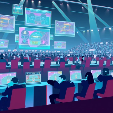 A packed esports tournament arena filled with excited fans cheering. In the foreground, several players with focused expressions are sitting at sleek, futuristic gaming stations, each illuminated by colorful LED lights. The screens in front of them display intense gameplay action with vibrant graphics. Above, large digital screens broadcast the tournament highlights and scores, while beams of bright light crisscross the venue, enhancing the energetic atmosphere. The audience is a diverse crowd, waving banners and wearing team jerseys, fully engaged in the competition.