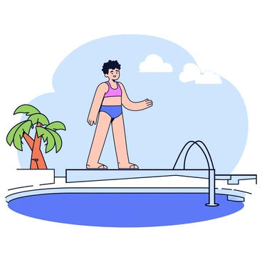 A diver standing on the edge of a springy diving board. The diver is in an athletic posture, with their knees slightly bent and arms extended to the sides for balance. The diving board is elevated above a clear blue swimming pool, reflecting the sunlight. The background features a simple depiction of a few palm trees and a bright blue sky. The water below is calm, ready to receive the diver.