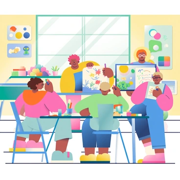 A group of five students is gathered around a large table in a vibrant art classroom. They are engaged in creating poster projects, each with their unique ideas. One student with curly brown hair is sketching on a large poster board with colorful markers, while another student with glasses is cutting out shapes from brightly colored paper. A third student, wearing a blue apron, is gluing various materials onto their poster, which features drawings of animals and plants. The walls of the classroom are adorned with artwork and posters, showcasing creativity. Sunlight streams through the window, illuminating the scene and creating a cheerful atmosphere filled with art supplies like paints, brushes, and scissors scattered across the table.