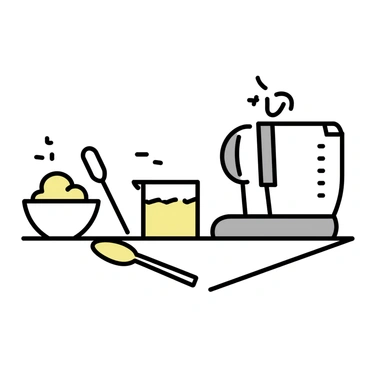 A white countertop featuring various kitchen tools used for preparing "dysphagia-safe meals." A silver blender sits next to a clear measuring cup filled with a bright yellow puree. To the side, there are small bowls containing soft food samples, like mashed potatoes and blended fruits. A soft spatula is placed nearby, ready for mixing ingredients. In the background, there are simple, neatly arranged utensils like a whisk and a small cutting board. The overall arrangement is clean and organized, emphasizing the tools essential for creating safe meals.