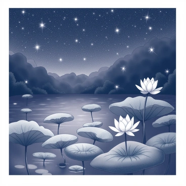 A tranquil lotus pond is situated in the foreground, filled with blooming lotus flowers and broad green leaves floating on the surface. The water reflects the shimmering light of many stars twinkling in the night sky above. Scattered throughout the scene, small fireflies are hovering, their lights illuminating the dark surroundings in soft bursts. The scene captures the stillness of the pond, with gentle ripples on the water's surface, and the lush foliage around the edges of the pond adds depth to the composition.