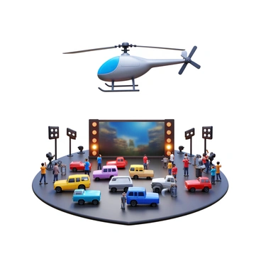 A private helicopter hovering above a film set, capturing aerial shots. The helicopter features a sleek design with a glossy finish and spinning rotors. Below, an exciting film set is bustling with activity, showcasing a variety of colorful vehicles and crew members in motion. Bright lights and cameras are positioned at different angles, while a large movie backdrop depicts a dramatic scene. The sky above is clear, allowing for optimal filming conditions. The atmosphere is filled with energy as everyone on the set focuses on their roles.
