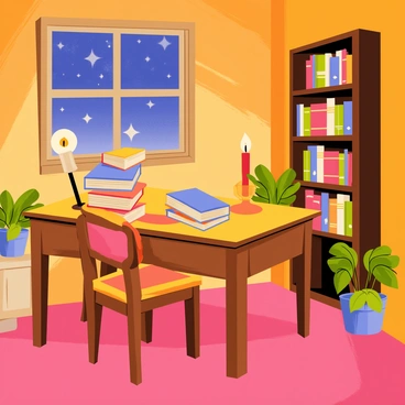 A cozy study room with warm wooden walls and a plush carpet. The room features a large wooden desk illuminated by a glowing candle. On the desk, there are several books by Seneca, their spines showing aged covers in rich dark colors. A comfortable chair is positioned at the desk, and a small window reveals a glimpse of the night sky filled with stars. A bookshelf filled with more books lines one wall, while a few plants add a touch of greenery to the room.