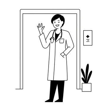 A doctor standing at the entrance of a medical facility, wearing a white lab coat and a stethoscope around their neck. The doctor has short hair and is smiling warmly while waving with their right hand. The entrance of the facility features a set of glass doors, and there are medical posters on the walls nearby. A potted plant is visible to the side, adding a touch of greenery to the scene.