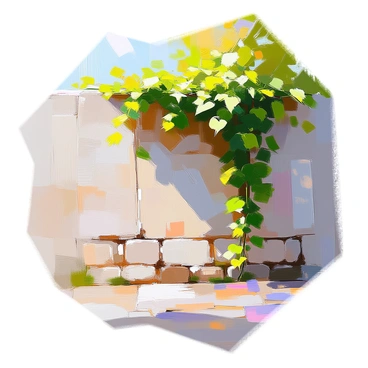 A sturdy stone wall rises prominently, its weathered surface showing hints of gray and brown tones. Lush green ivy cascades over the wall, with vibrant leaves climbing upwards, creating a natural tapestry. The ivy's tendrils weave through the crevices of the stones, showcasing a range of rich greens as they flourish towards the sky. Sunlight filters through the leaves, casting delicate shadows on the stone surface below.