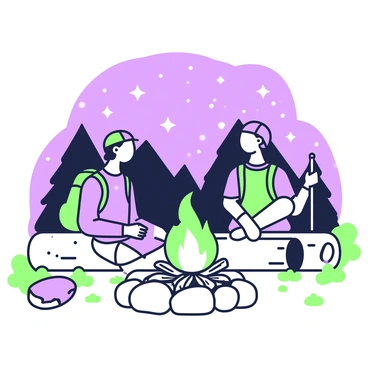 Two travelers are seated on a log beside a campfire, which emits a warm glow. The flames flicker, illuminating their faces as they share stories. One traveler has a backpack resting beside them, while the other holds a walking stick. Above them, a starry sky is visible with numerous stars scattered across it. The travelers are surrounded by a circle of stones that border the campfire, and a few logs are placed nearby for seating. In the background, silhouetted trees form a dark outline against the night sky.