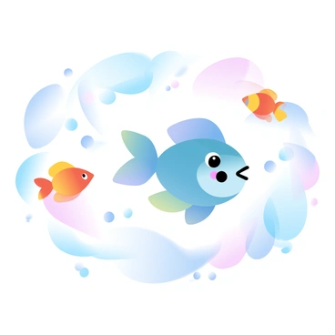 A small, round fish with vibrant colors is swimming joyously among a school of colorful fish. The fish are of various shapes and sizes, each displaying bright hues of blue, orange, yellow, and pink. Bubbles are rising around them in the water. The background is filled with seamless gradient pastel colors, creating a serene underwater atmosphere. The sunlight filters through the water, casting a soft glow on the scene, enhancing the lively colors of the fish and the fluidity of their movement.