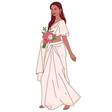 An Indian bride is standing gracefully with a serene expression. She is wearing a subtle yet elegant bridal outfit featuring intricate embroidery in soft tones. Her attire consists of a flowing lehenga that gently drapes around her feet, paired with a delicately designed choli. The bride’s accessories include delicate gold jewelry, such as a thin maang tikka resting on her forehead and matching earrings that shimmer subtly. Her hands are adorned with minimalistic mehndi patterns, and she holds a small bouquet of vibrant flowers, adding a touch of color to her understated look. The overall scene conveys elegance and poise.