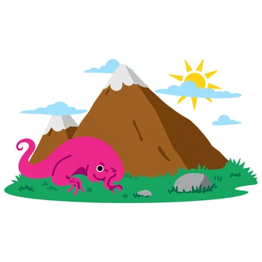 A colossal monster sleeping beneath a mountain, its massive body partially hidden. Only the tips of its long, writhing tentacles are visible, peeking out from the rocky terrain. The tentacles are textured and vibrant in color, contrasting with the earthy tones of the mountain. The mountain itself has a rugged surface, with patches of grass and scattered boulders. Wispy clouds hover above, adding to the dramatic atmosphere of the scene. Sunlight subtly illuminates the tips of the tentacles, creating a sense of mystery and intrigue.