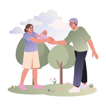 A digital flat illustration depicting a warm scene in a sunny park. On the left, a parent is gently handing their baby to a grandparent. The parent has short brown hair and is wearing a light blue T-shirt and beige shorts. The baby is wrapped in a pastel blanket and is smiling. The grandparent has gray hair, is wearing glasses, and is dressed in a light green sweater and dark pants, reaching out with open arms. In the background, there are green trees with sunlight filtering through the leaves and a few colorful flowers scattered on the grass. A blue sky with fluffy white clouds completes the tranquil outdoor setting.
