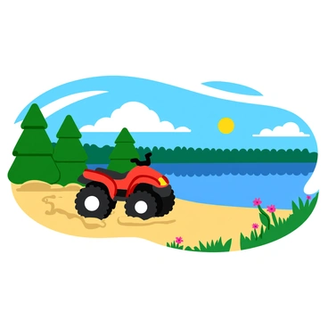 An all-terrain vehicle (ATV) with a bright red body is cruising along a sandy lake shore. The ATV has large, rugged tires and is kicking up a small trail of dust as it moves. The lake is calm, with clear reflections of fluffy white clouds and a blue sky mirrored in the water. Lush green trees frame the shoreline, and a few wildflowers are scattered in the foreground. The sun is shining brightly, creating a vibrant scene.