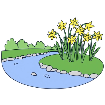 A cluster of wild daffodils with bright yellow flowers is growing alongside a gently flowing river. The daffodils have long green stems and are arranged in groups of varying heights. The riverbank is surrounded by lush green grass and small pebbles, creating a natural setting. In the background, there are hints of distant greenery and trees, framing the peaceful scene.