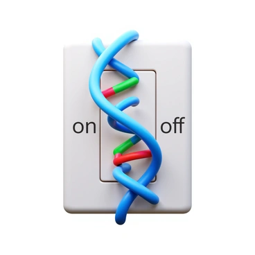 A light switch with clear labels reading "on" and "off" on either side. The switch is depicted in a neutral color. A colorful strand of DNA loops through and around the switch. The DNA is vibrant, with varying shades of blue, green, and red, displaying its double helix structure prominently. The overall composition emphasizes the interaction between the light switch and the DNA strand.