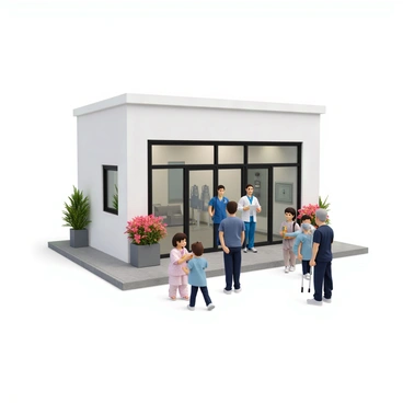 A small outpatient clinic building with a clean, modern façade. The entrance features large glass doors, and there are planters with vibrant flowers on either side of the doorway. Several staff members in professional attire, such as scrubs and name tags, are positioned at the entrance. One staff member is greeting a patient with a friendly smile, while another is holding a clipboard, ready to assist. A few patients, including a child holding a toy and an elderly person with a walking cane, are approaching the entrance, creating a welcoming atmosphere.