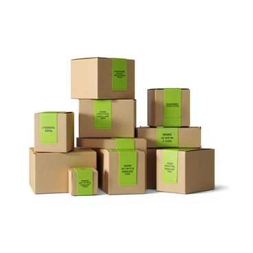 A collection of eco-friendly packaging boxes made from recycled materials, showcasing various sizes and shapes. Each box features a textured surface that mimics natural materials such as kraft paper and bamboo. The boxes are adorned with vibrant green labels that prominently display environmentally-conscious messages. The labels are designed with a clean and modern font, emphasizing sustainability. The arrangement of the boxes is visually appealing, with some stacked and others standing upright, creating a harmonious display.