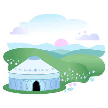 A yurt with large windows is situated in the foreground, showcasing its round shape and sturdy structure. The windows are designed to provide an expansive view of the landscape. In the background, rolling hills stretch across the horizon, covered in lush green grass and dotted with wildflowers. The sky above is filled with soft gradient pastel colors, transitioning from light blue to pale pink as the sun sets. The overall scene creates a sense of tranquility, highlighting the connection between the yurt and the surrounding nature.