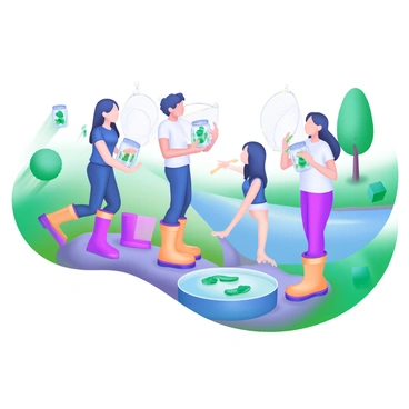 A group of students engaged in a field study along the banks of a river. They are wearing colorful waterproof boots and are using nets to collect samples from the water. Some students are holding clear jars filled with various river specimens, while others carefully examine the contents in their nets. The scene includes greenery along the riverbank, with trees and bushes surrounding the area. In the background, the river flows gently, reflecting the sunlight. The students are animated and focused on their task, showcasing their interest in ecology.