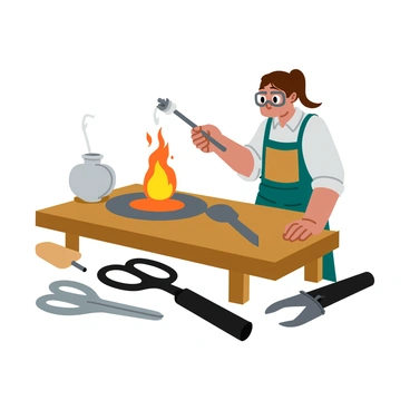 A glassblower is working intently to form a medium-sized glass ornament using a blowpipe. The glassblower is wearing protective goggles and a simple apron, with strands of hair tied back. A vibrant flame is flickering in the furnace beside them, casting a warm glow. The glass ornament is in the process of taking shape, glowing with a soft, translucent color. The blowpipe is held firmly in the glassblower's hands, with wisps of hot glass trailing from it. Surrounding the scene are tools like shears and paddles, all laid out on a wooden workbench, adding to the craftsmanship atmosphere.