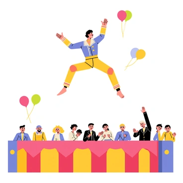 An acrobat in a colorful costume is captured in mid-flip, suspended in the air during a circus performance. The acrobat has a confident expression, with arms extended outward and legs gracefully arched. Below, a vibrant circus ring is decorated with bright red and yellow stripes. Surrounding the ring, an audience of excited cartoon characters watches with wide eyes, some clapping and others gasping in awe. Colorful balloons float above the crowd, adding to the festive atmosphere.