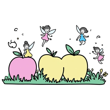 A garden filled with lush greenery, featuring oversized, glowing apples scattered throughout. Tiny fairies with delicate wings are dancing around the apples, their colorful dresses fluttering in the breeze. The fairies are various sizes, some sitting atop the apples while others are mid-flight, showcasing intricate details in their wings. The scene is illuminated softly by the glow of the apples, creating a magical ambiance in the garden.