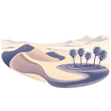 A vast desert landscape dominated by tall dunes of sand with a texture resembling caramel. These dunes rise and fall gently, creating a mesmerizing pattern across the terrain. In the distance, an oasis emerges, featuring a serene body of water that resembles waves of chocolate milk. Lush palm trees surround the oasis, their fronds swaying slightly in the warm desert breeze. The contrast between the golden sand and the rich, dark waves of the oasis creates a striking visual scene.