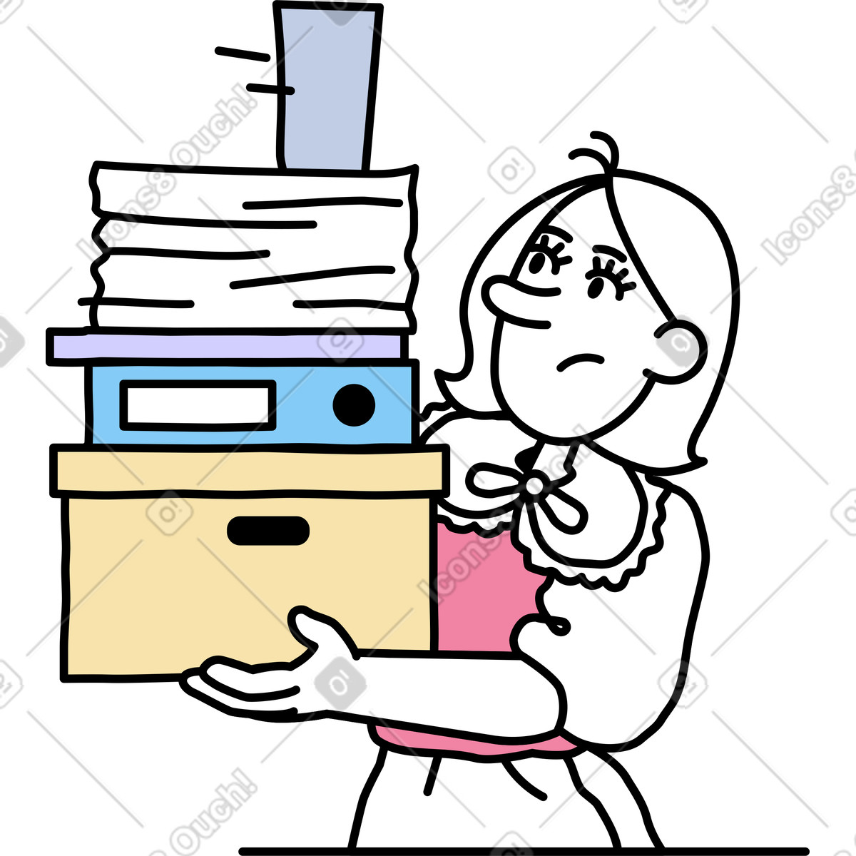 Young woman carries a stack of things illustration in Notes style download in PNG, SVG