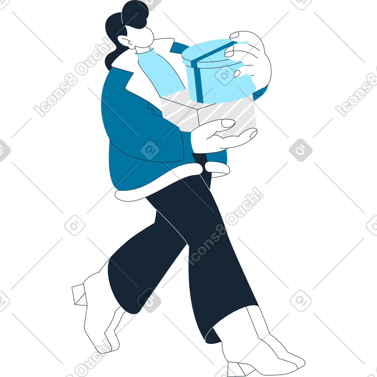 Woman in coat walking with present boxes illustration Indigo style download PNG, SVG
