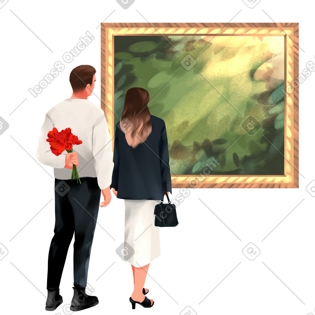 Woman and man on a date in museum illustration Demure style download PNG, SVG