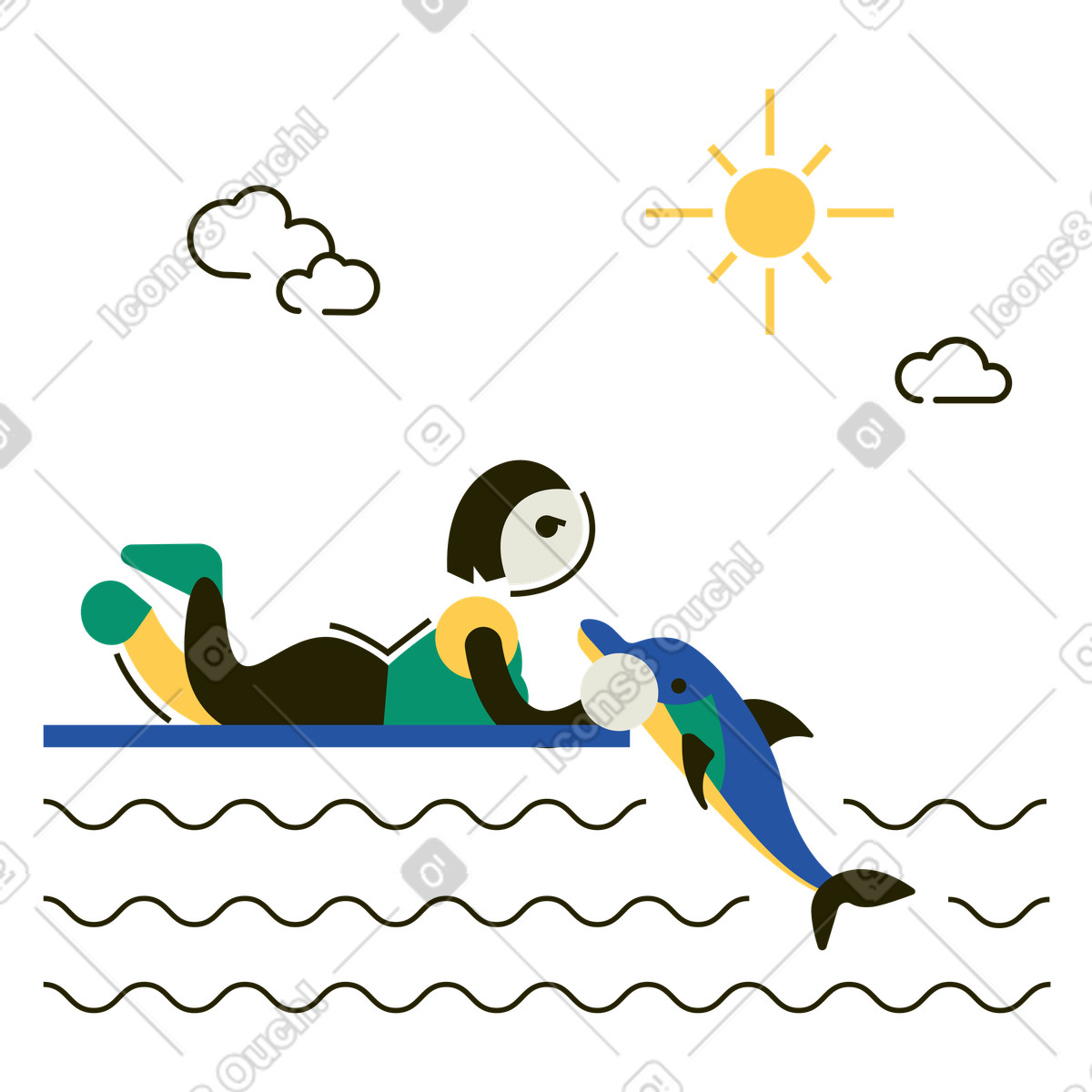 Woman petting a dolphin at the aquarium illustration in Spot style download in PNG, SVG