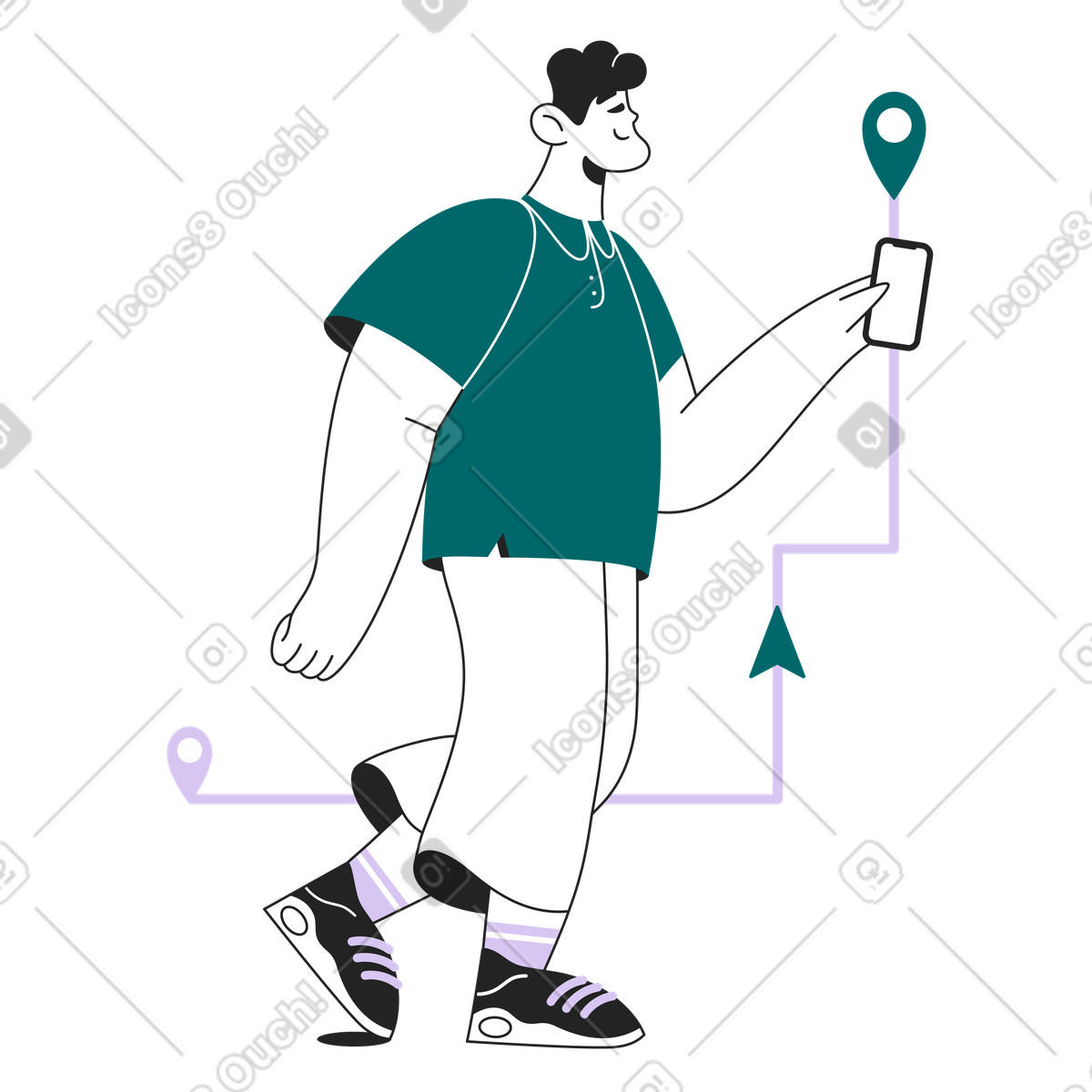 Person navigating city route via smartphone, urban exploration and wayfinding illustration in Sammy Line style download in PNG, SVG