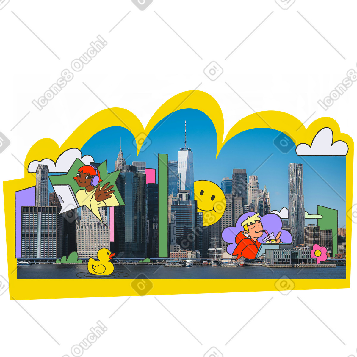 Persone che lavorano da remoto sullo sfondo dello skyline di new york illustrazione in stile Experimental scarica in PNG, SVG
