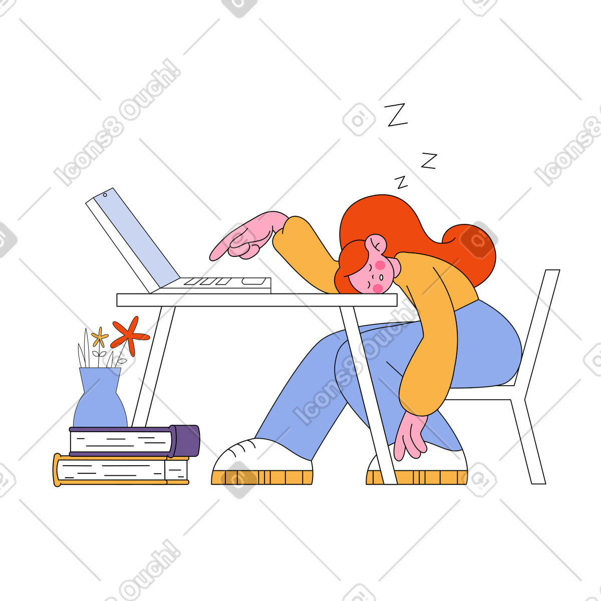 Tired girl sleeping at the desk work illustration in Bloom style download in PNG, SVG