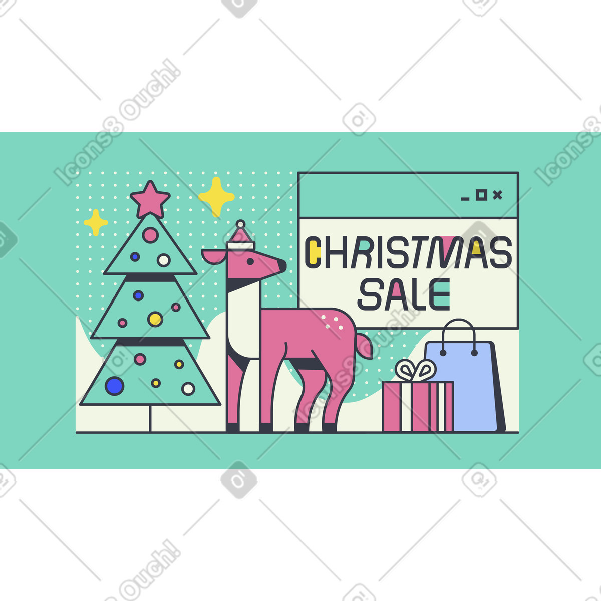 Schriftzug christmas sale mit weihnachtsbaum und geschenken-Illustration im Abstract-Stil als Download in PNG, SVG