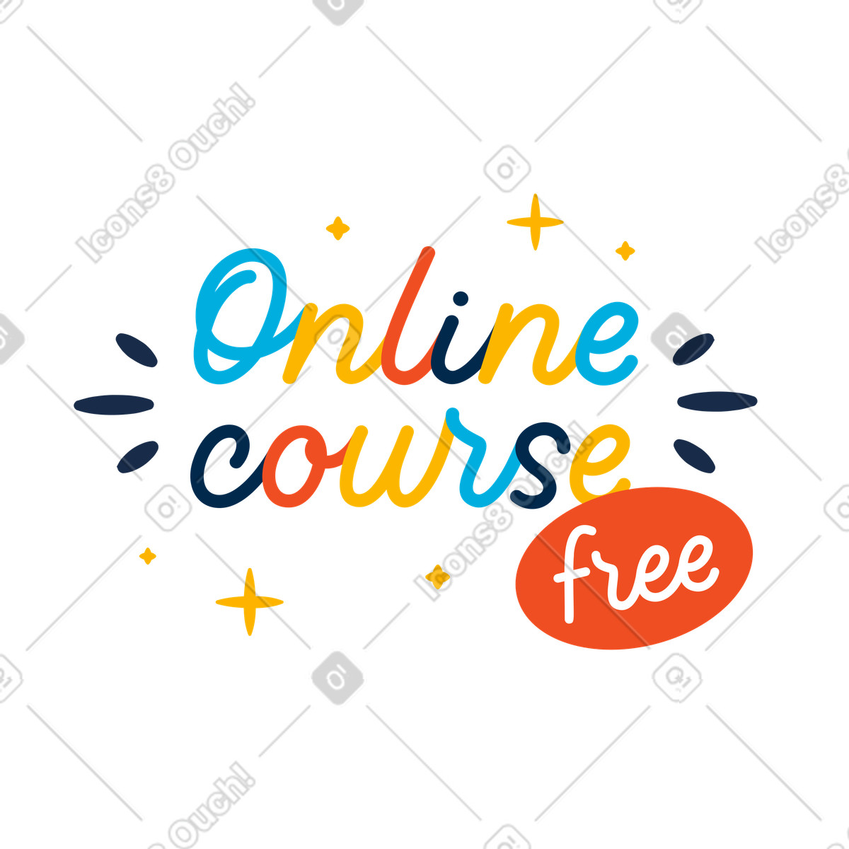 Online course lettering and free text on the red sticker illustration in Flame style download in PNG, SVG