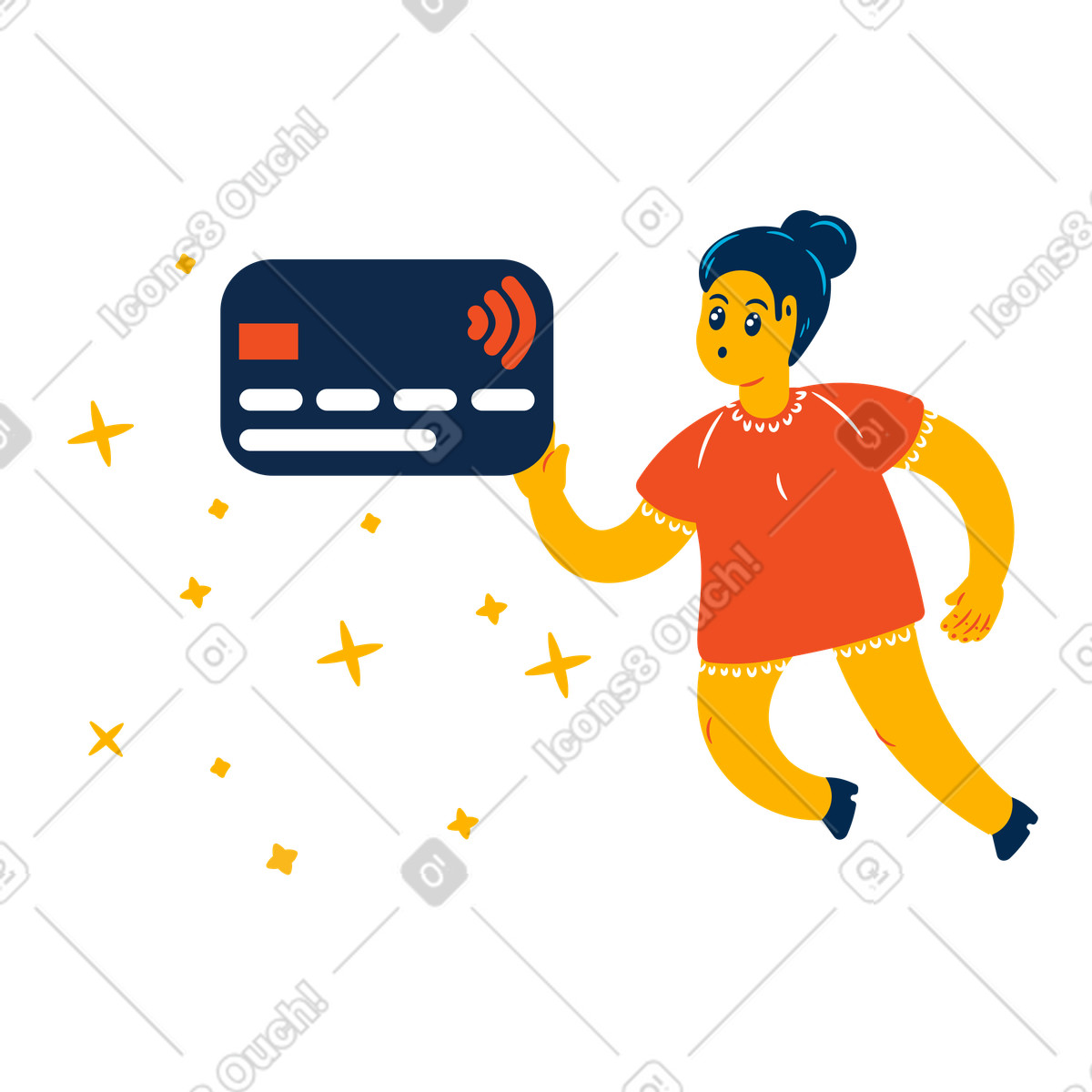 Teenager-mädchen bezahlen mit ihrer bankkarte-Illustration im Flame-Stil als Download in PNG, SVG