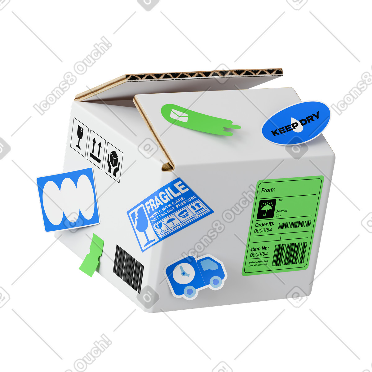 3D Stickle スタイルの Package shipping box with fragile label and delivery truck sticker のアニメーションイラストをGIF、Lottie (JSON)、AEでダウンロード